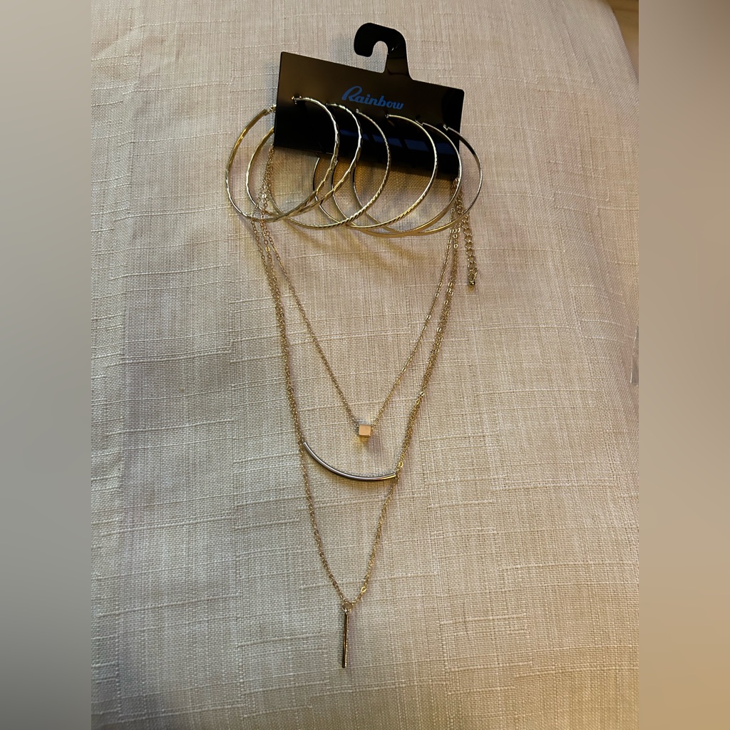 New Set Of 2 Bar Pendant Layered Necklace With Hoop Earrings Trio Gold Costume